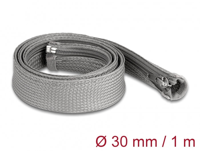 DeLOCK Kabelschlauch, Ø 30 mm × 1 m, Reissverschluss, wiederverwendbar – grau