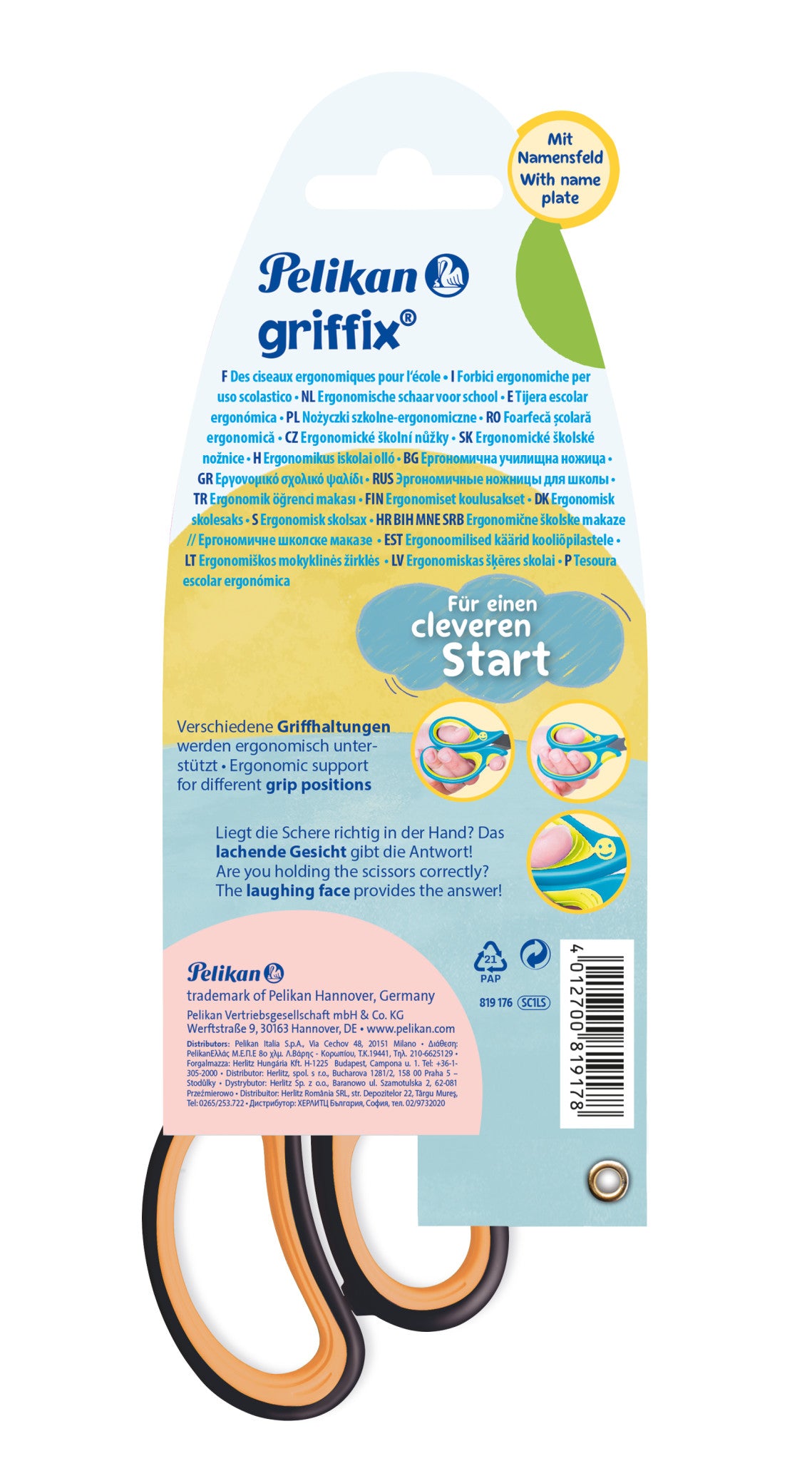 Pelikan Griffix Kinderschere für Linkshänder – Metall, Titannitrid-beschichtet, Softgrip, Schwarz/Orange