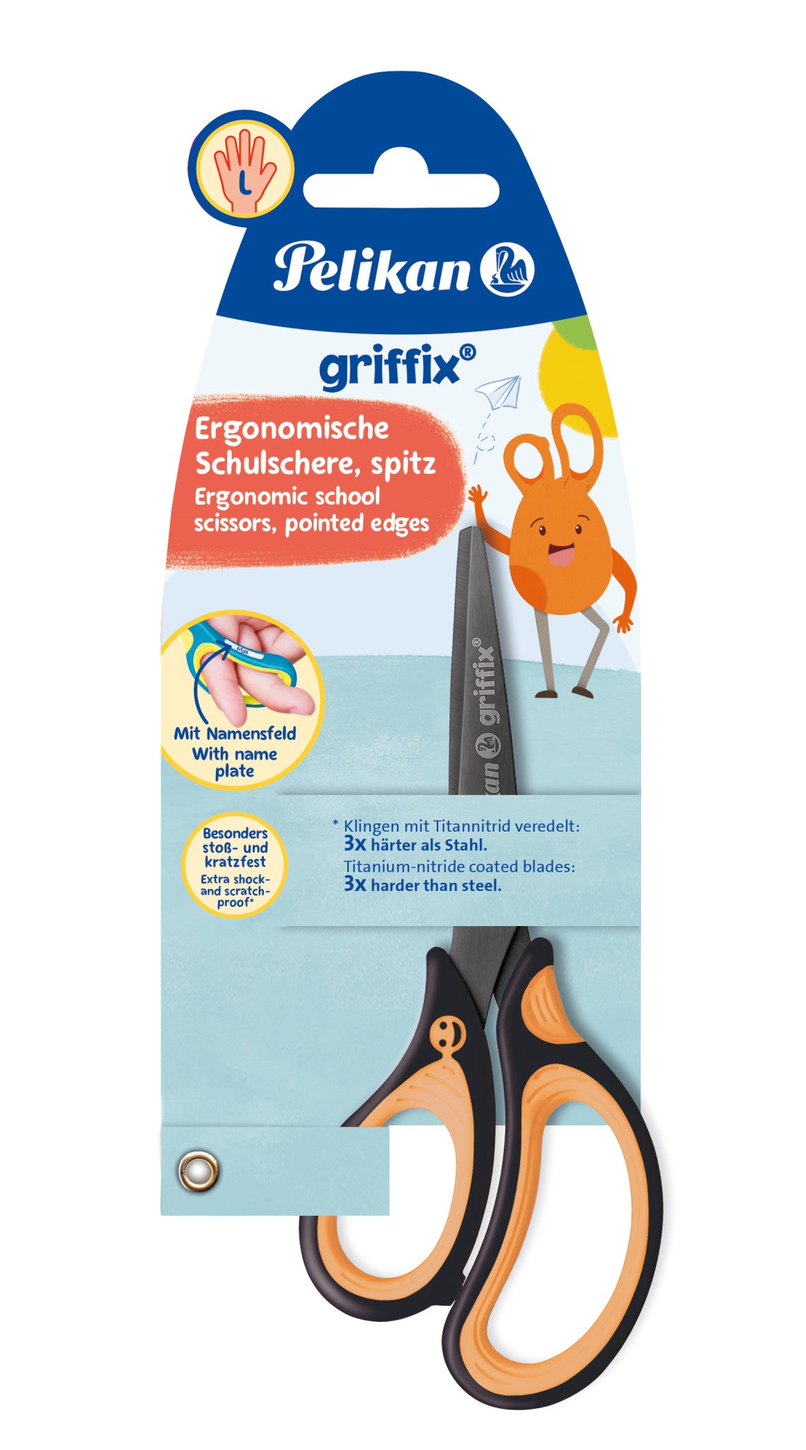 Pelikan Griffix Kinderschere für Linkshänder – Metall, Titannitrid-beschichtet, Softgrip, Schwarz/Orange