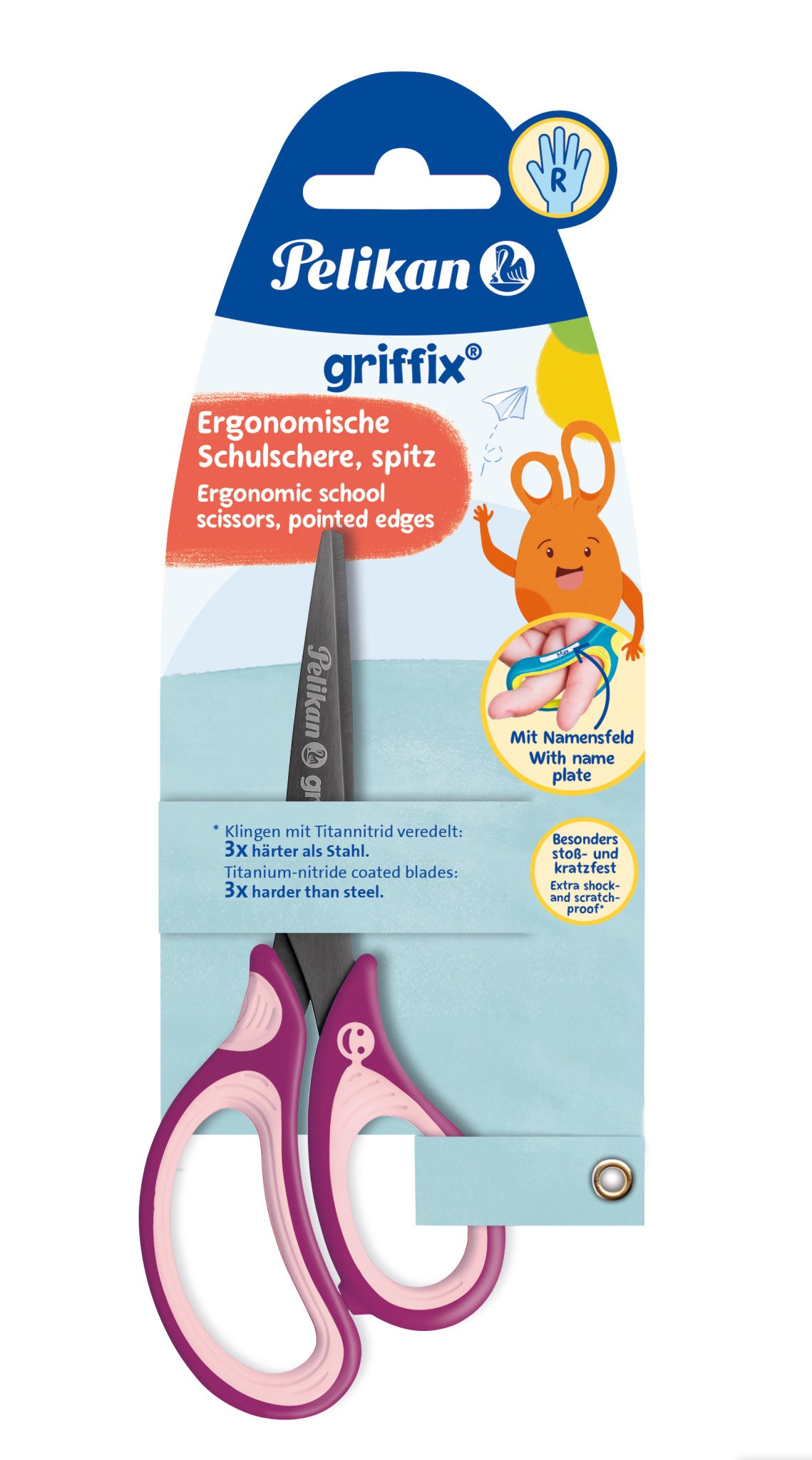 Pelikan Griffix Kinderschere 14,0 cm, spitz, für Rechtshänder – Metall, titanbeschichtet, Softgrip, Violett