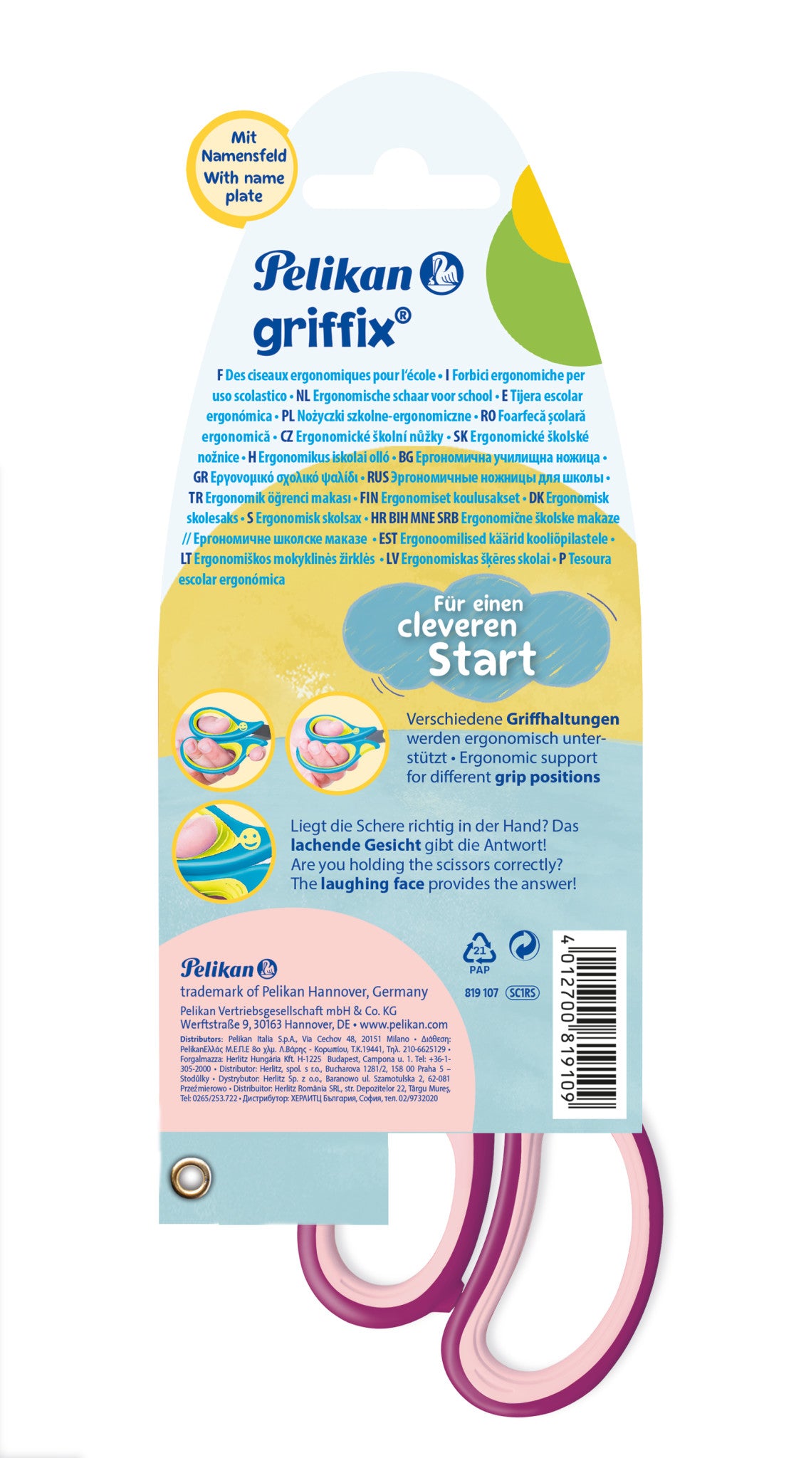 Pelikan Griffix Kinderschere 14,0 cm, spitz, für Rechtshänder – Metall, titanbeschichtet, Softgrip, Violett