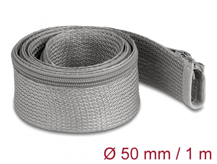 DeLOCK Kabelschlauch, Ø 50 mm × 1 m, Wiederverwendbar, Reissverschluss – Grau