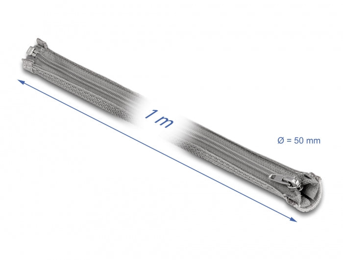 DeLOCK Kabelschlauch, Ø 50 mm × 1 m, Wiederverwendbar, Reissverschluss – Grau