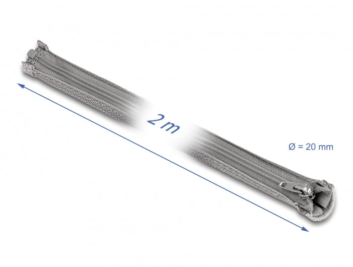 DeLOCK Kabelschlauch, Ø 20 mm × 2 m, wiederverwendbar, Reissverschluss – grau