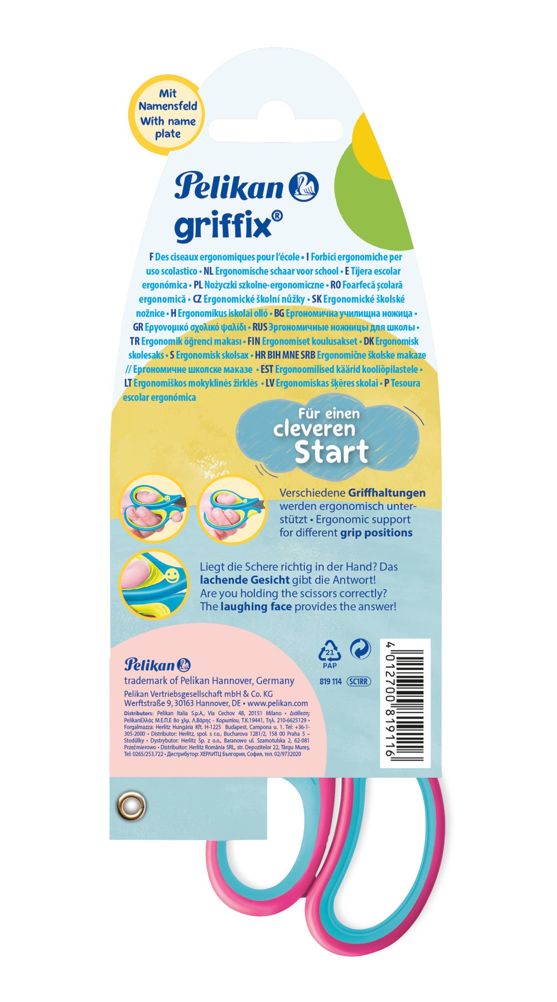 Pelikan Griffix Kinderschere, für Rechtshänder – Metall, Titannitrid-beschichtet, ergonomischer Griff, Pink