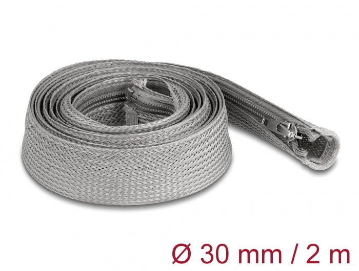 DeLOCK Kabelschlauch, Ø 30 mm × 2 m, Reissverschluss, wiederverwendbar, hitzebeständig -50 bis 150 °C – grau