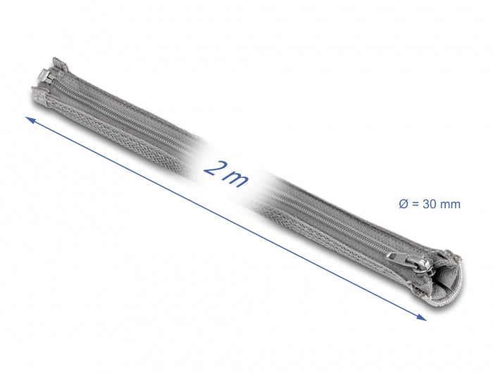 DeLOCK Kabelschlauch, Ø 30 mm × 2 m, Reissverschluss, wiederverwendbar, hitzebeständig -50 bis 150 °C – grau