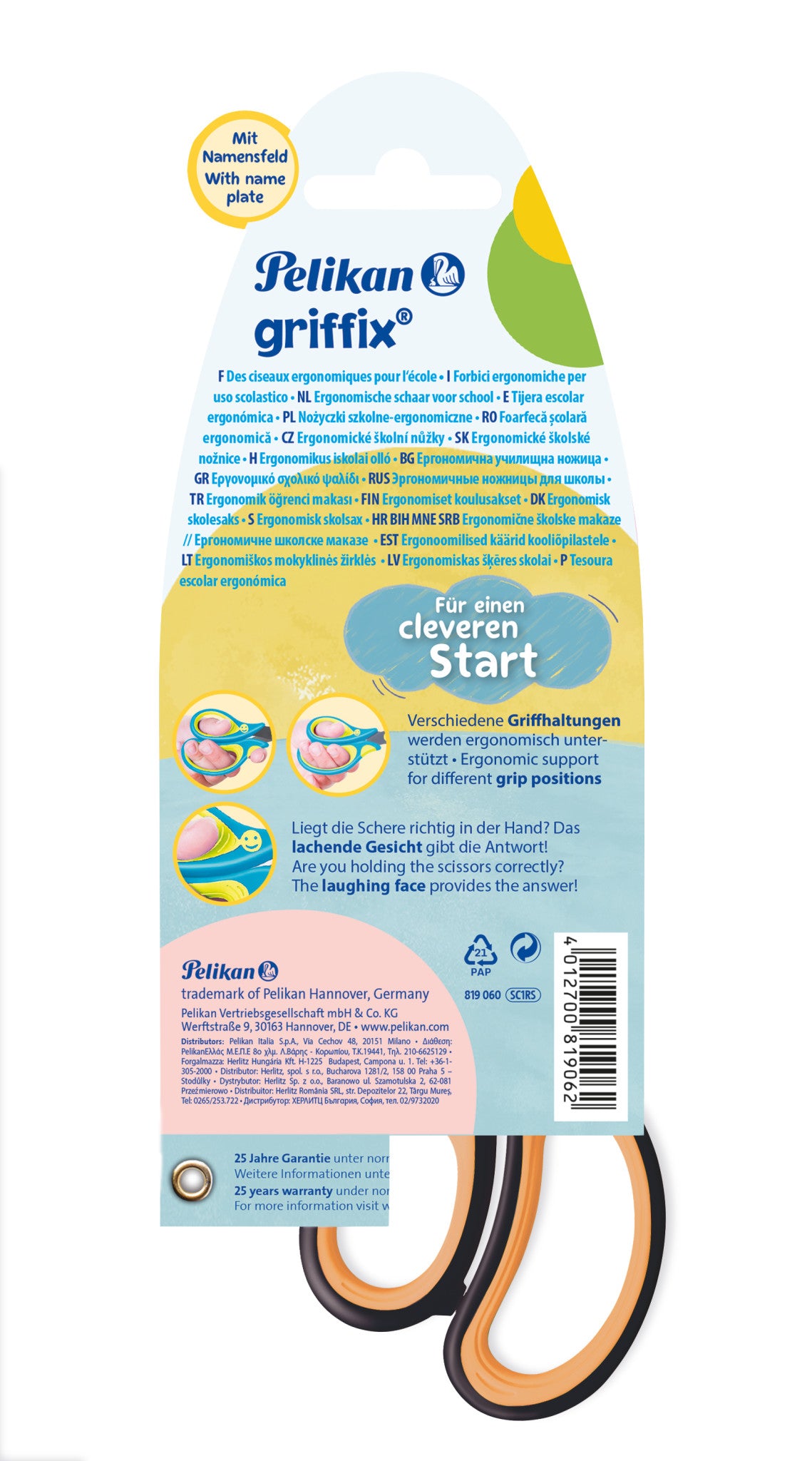 Pelikan Griffix Kinderschere – Titannitrid-beschichtet, ergonomischer Griff, mit Namensschild, Schwarz/Orange