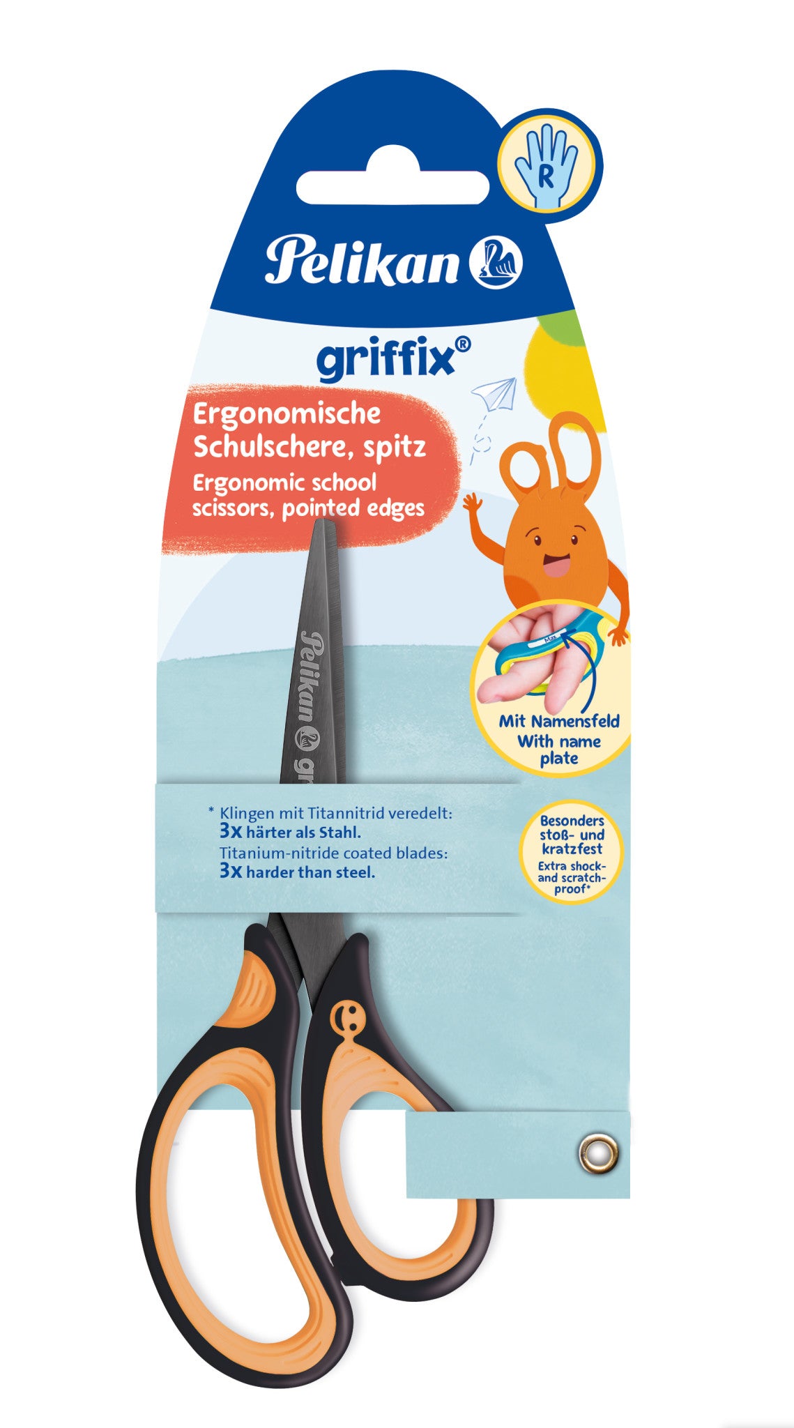 Pelikan Griffix Kinderschere – Titannitrid-beschichtet, ergonomischer Griff, mit Namensschild, Schwarz/Orange