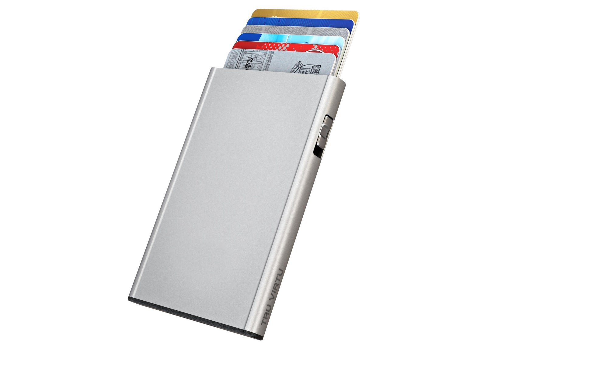 TRU VIRTU Kartenetui – RFID-Schutz, Slider-Verschluss – 5 Karten – Silber, ABS/Aluminium – Click & Slide