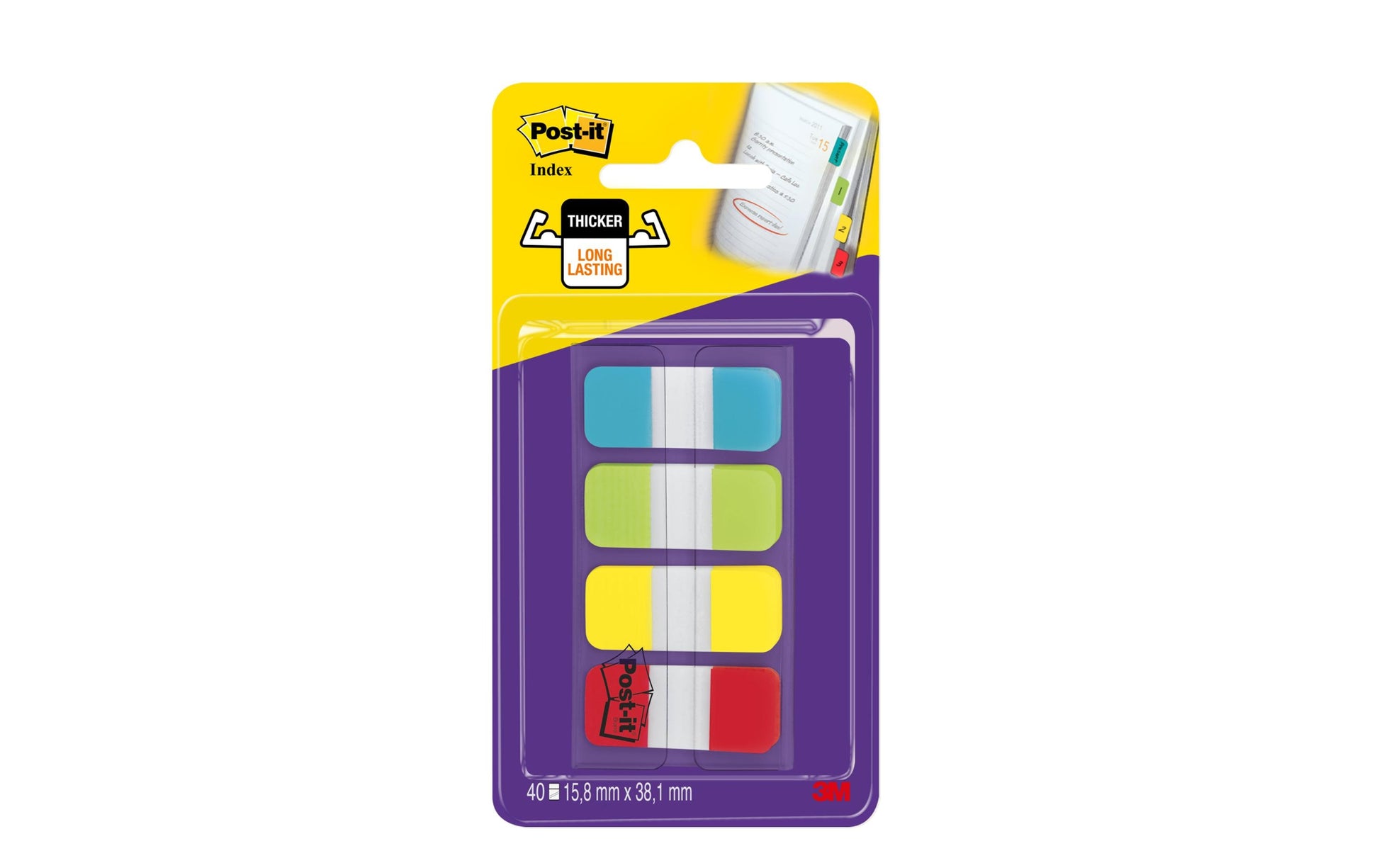 Post-it Indexstreifen Strong schmal – 16×38 mm – sortiert, 4×10 Stück, mit Dispenser