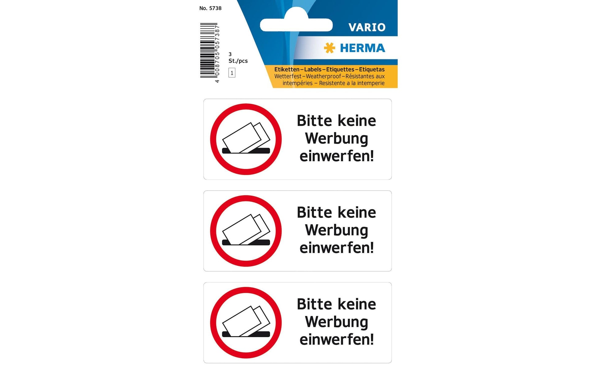 HERMA Hinweisaufkleber Bitte keine Werbung einwerfen – 84 × 120 mm – permanent – Folie – schwarz/weiss – 3 Stk.