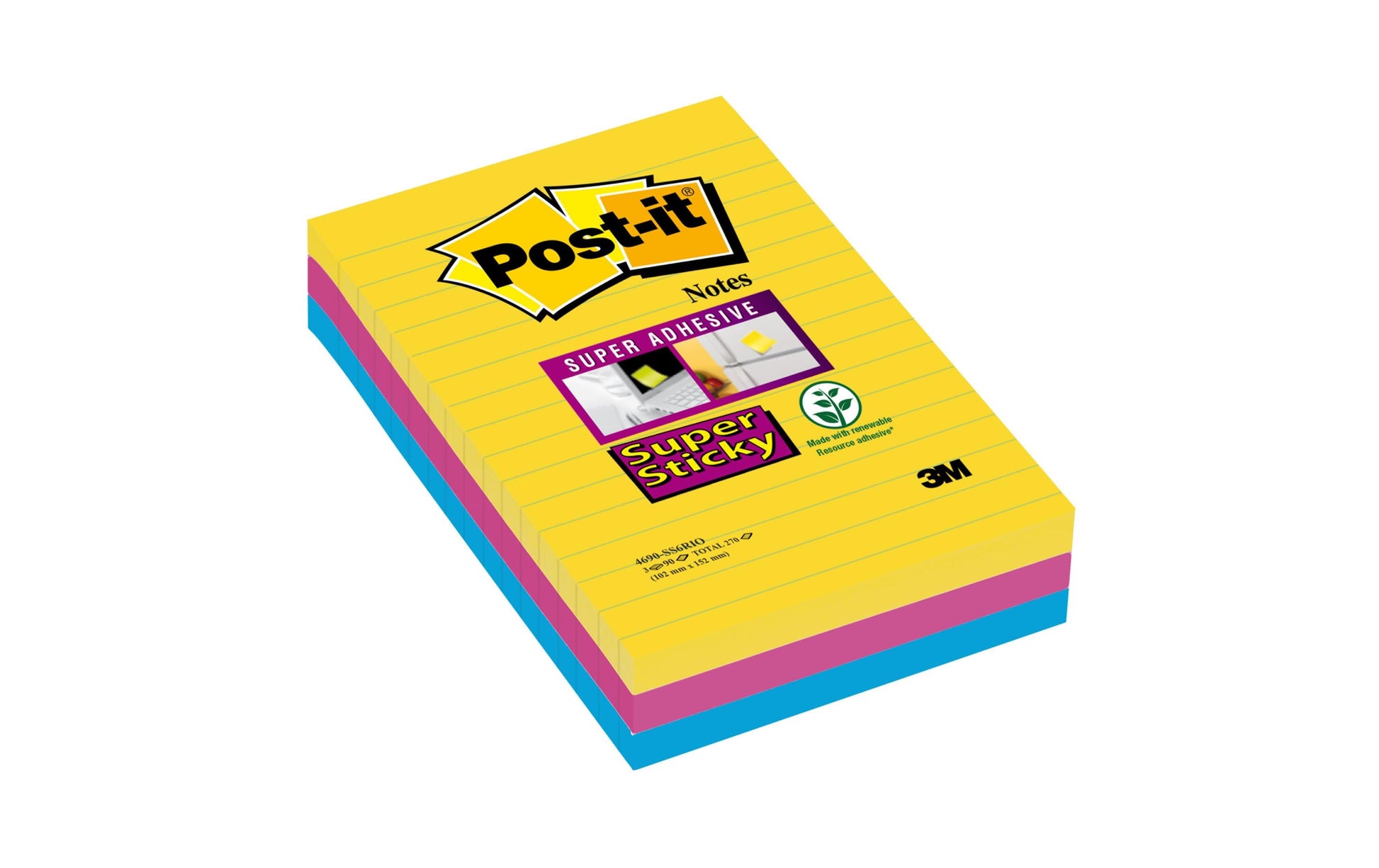 Post-it Super Sticky Haftnotizen – 101×152 mm – sortiert (ultragelb, ultrablau, ultrapink), 3×90 Blatt, PEFC