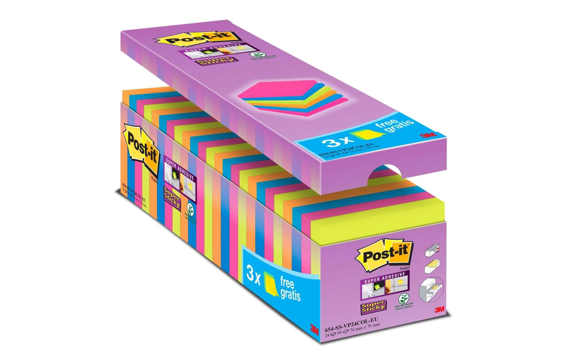 3M Post-it Super Sticky Haftnotizen – 76×76 mm – sortiert, 24×90 Blatt, PEFC