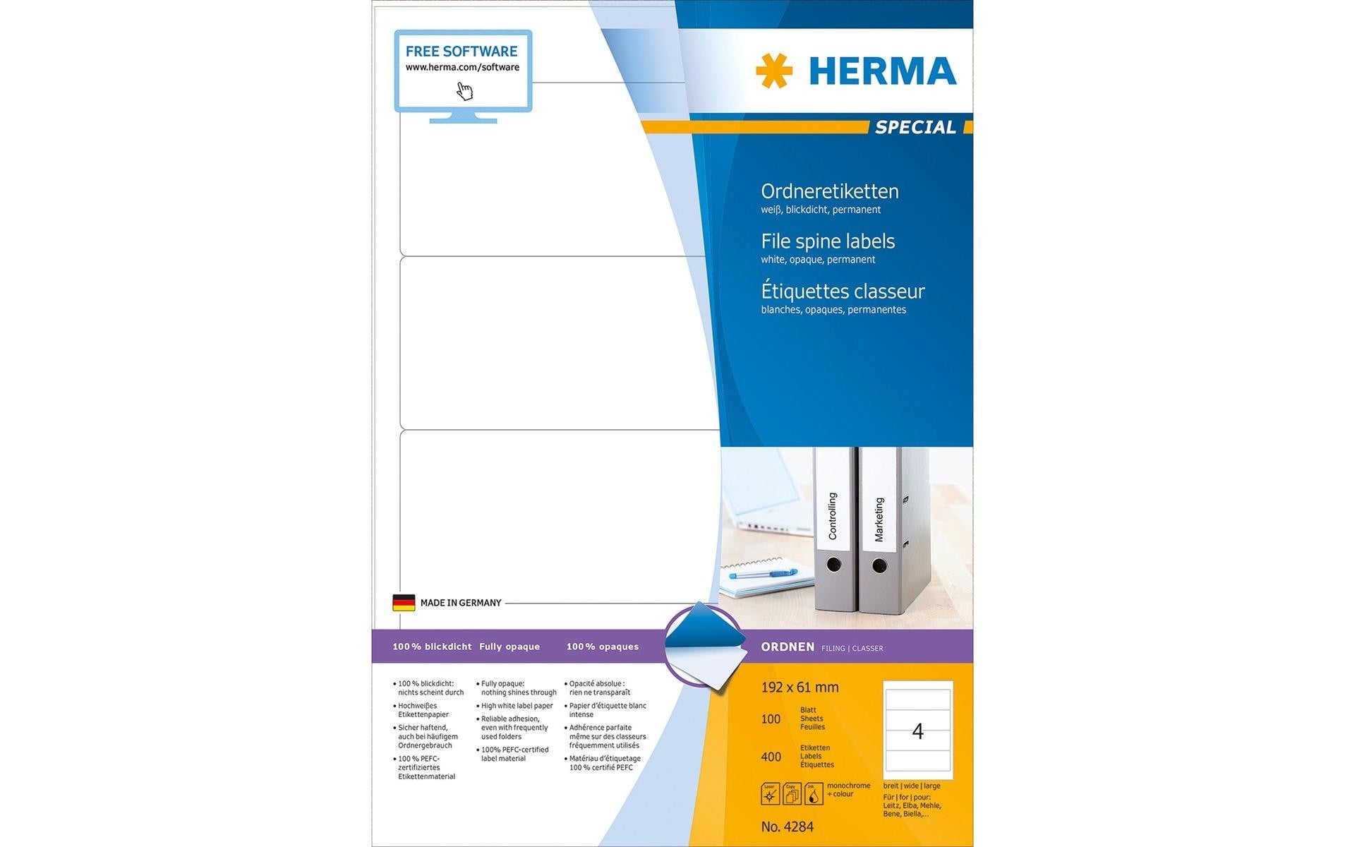 HERMA Druckeretiketten, 192 mm × 61 mm, weiss, Papier, permanent, 100 Blatt (400 Etiketten)