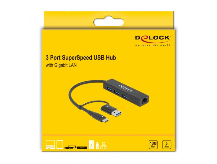 DeLOCK 64149 USB-Hub – USB-C, 3× USB-A, GbE, für Windows/Mac/Linux
