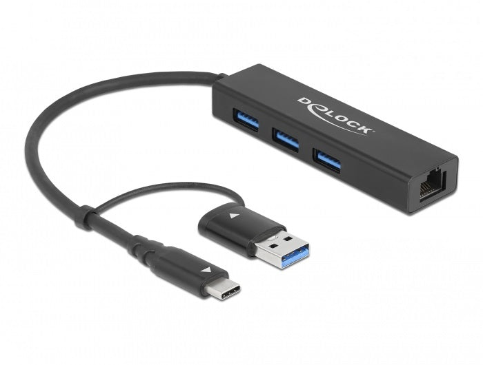 DeLOCK 64149 USB-Hub – USB-C, 3× USB-A, GbE, für Windows/Mac/Linux