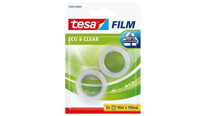 TESA Büro-Klebeband eco & clear – permanent, klar, Kunststoff, 19 mm × 10 m, Kern Ø 26 mm, 2 Rollen