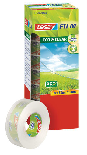 TESA Klebeband eco & clear – permanent, Kunststoff, 19 mm × 33 m, Kern Ø 26 mm, 8 Rollen
