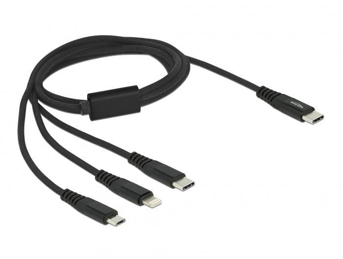 DeLOCK Multi-Kabel – 3-in-1 USB-C auf USB-C/Micro-USB/Lightning 1 m, geflochten, schwarz – für iPhone/Android