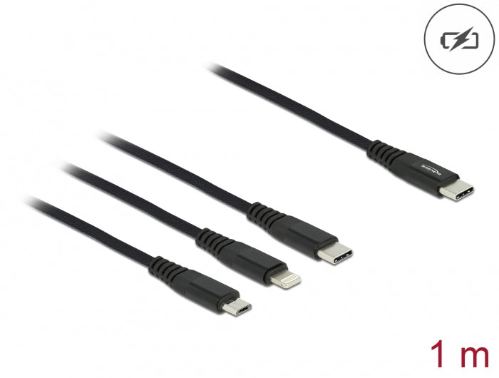 DeLOCK Multi-Kabel – 3-in-1 USB-C auf USB-C/Micro-USB/Lightning 1 m, geflochten, schwarz – für iPhone/Android