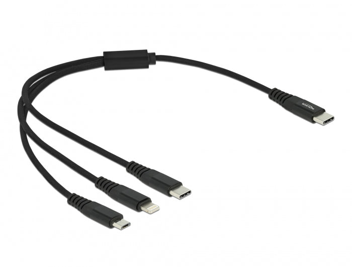 DeLOCK USB-C auf Lightning/Micro-USB/USB-C Kabel – USB 2.0 (480 Mbit/s) – 0,3 m – Textilmantel