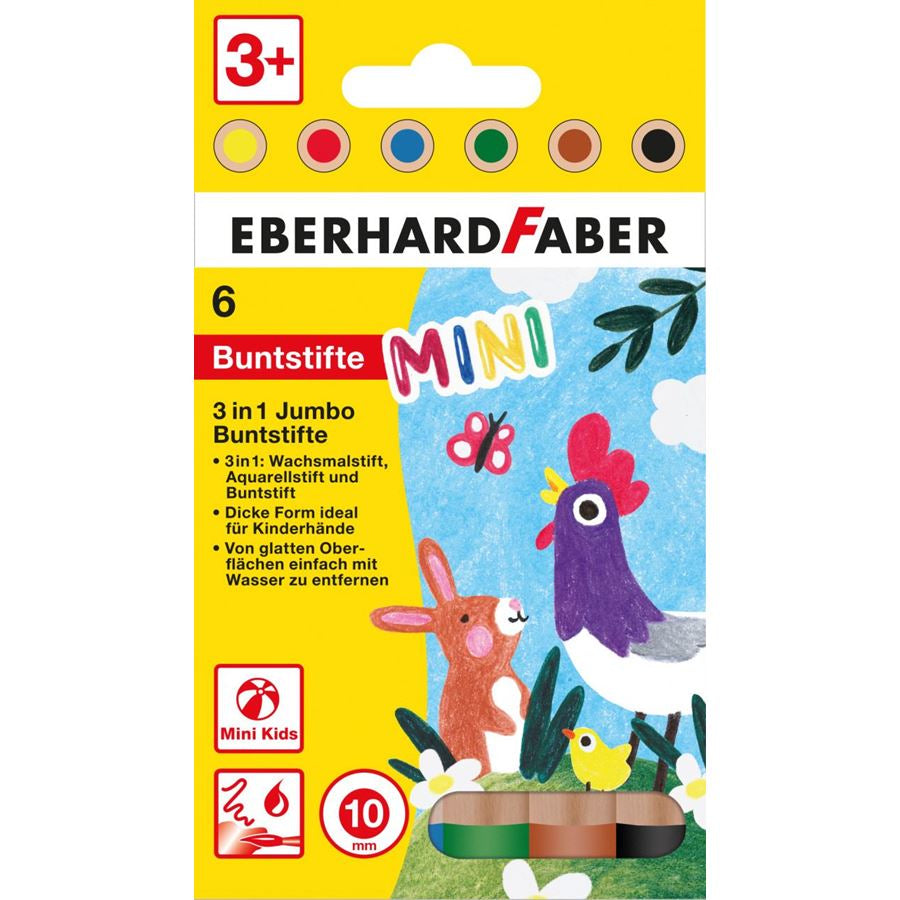 Eberhard Faber 3-in-1 Farbstifte Jumbo Mini Maxi – 6 Farben, Ø 10 mm