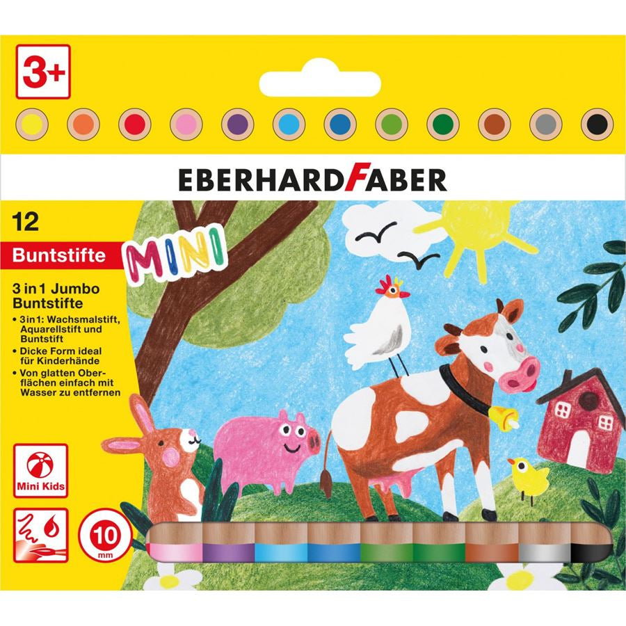 Eberhard Faber 3-in-1 Farbstifte Jumbo Mini Maxi – 12 Farben, Ø 10 mm