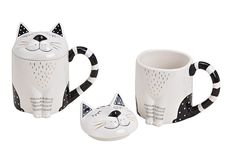 G. Wurm Tasse – 300 ml, Ø 14 cm, H 10 cm, Keramik, Weiss/Schwarz, mit Deckel