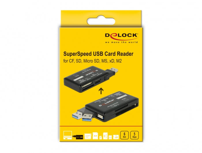 DeLOCK USB-Kartenleser USB 3.2 Gen 1 (5 Gbit/s) – CF, CF Typ II, SD/microSD, MMC, MS, M2, xD – Schwarz