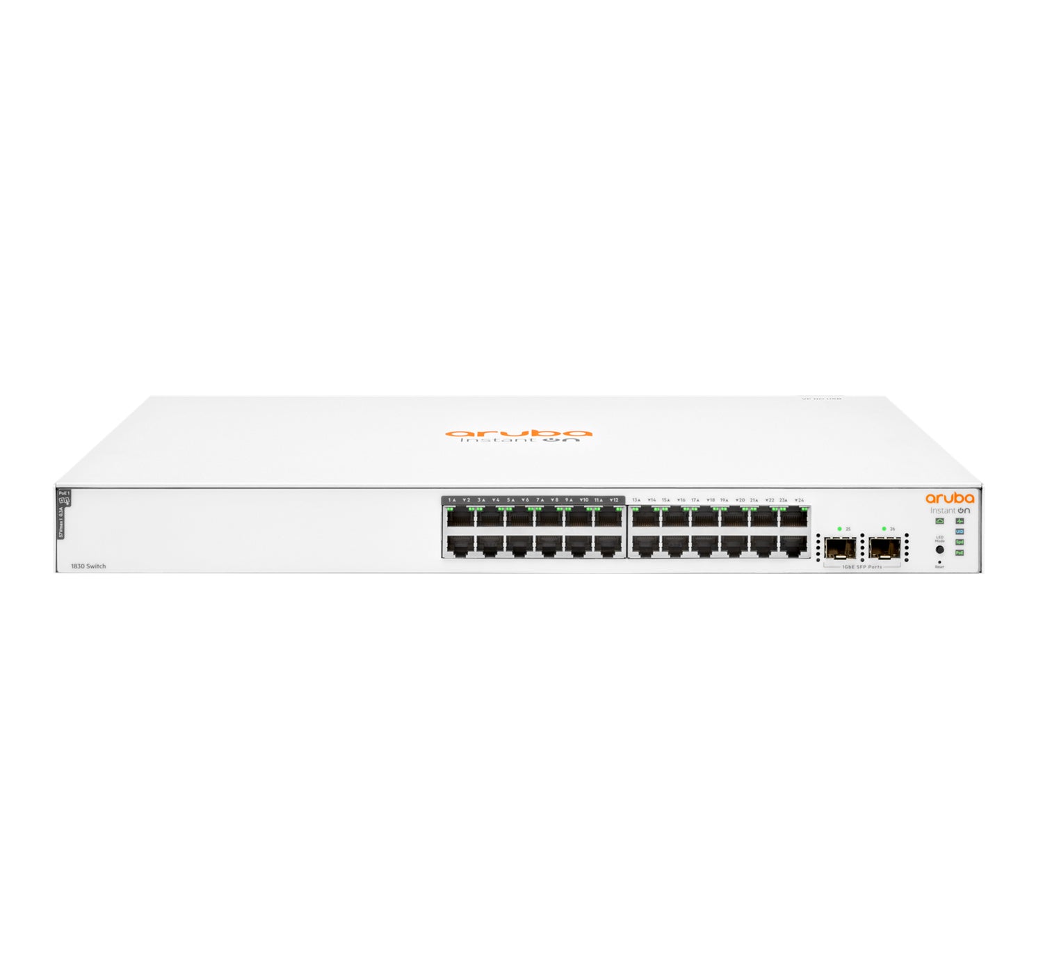 HPE Aruba Networking 1830 24G 12p – Managed Switch – 24×GbE, 2×SFP, L2, PoE+ 195 W, 1U
