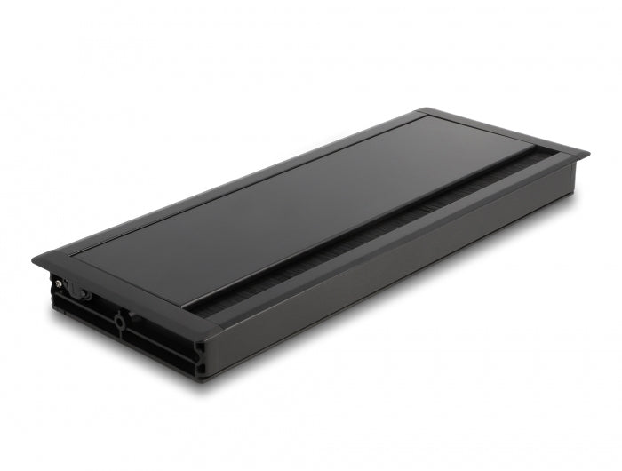 DeLOCK Kabeldurchführung für Tischeinbau, 300 × 120 × 28 mm, Aluminium, schwarz, mit Bürste, Montageset