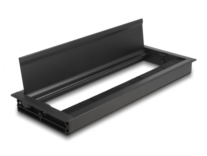 DeLOCK Kabeldurchführung für Tischeinbau, 300 × 120 × 28 mm, Aluminium, schwarz, mit Bürste, Montageset
