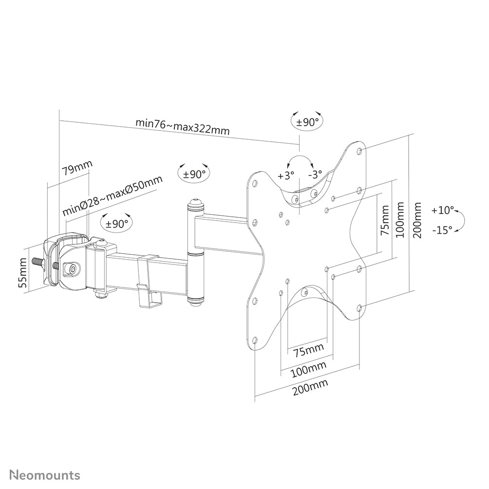 Neomounts FL40-450BL12 Stangenhalterung, vollbeweglich – für 23–42", VESA 75×75–200×200 mm, bis 25 kg, schwarz