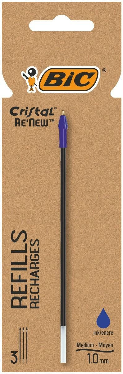 BIC Kugelschreiber-Mine Cristal RE'NEW – Blau, 1 mm, geruchsarm, 3 Stk.