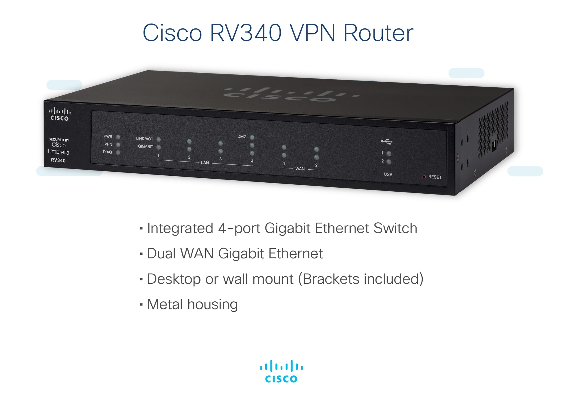Cisco RV340 – VPN-Router – 4×GbE, Dual-WAN, IPsec/L2TP/SSL VPN, rackfähig