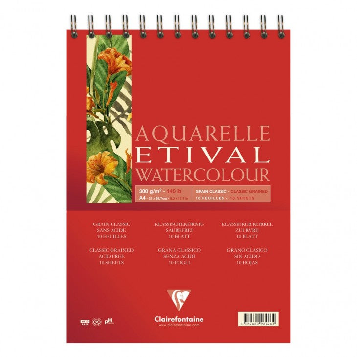 Clairefontaine Etival Aquarellblock – A4 – 300 g/m² – Spiralbindung – 10 Blatt