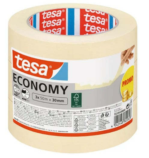 TESA Malerband Economy, beige – 30 mm × 50 m, innen, rückstandsfrei bis 4 Tage, 3 Rollen