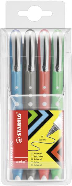 STABILO worker+ colorful – Tintenroller-Set, mit Kappe, 0,5 mm, farbig sortiert, 4er Etui, für Linkshänder