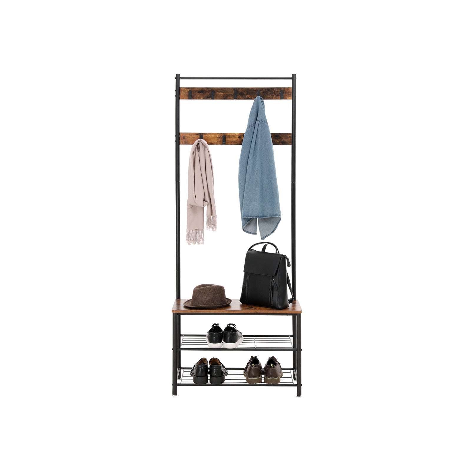 Vasagle Garderobe mit Schuhregal – 10 Haken, Spanplatte, Braun/Schwarz, 70 × 32 × 175 cm
