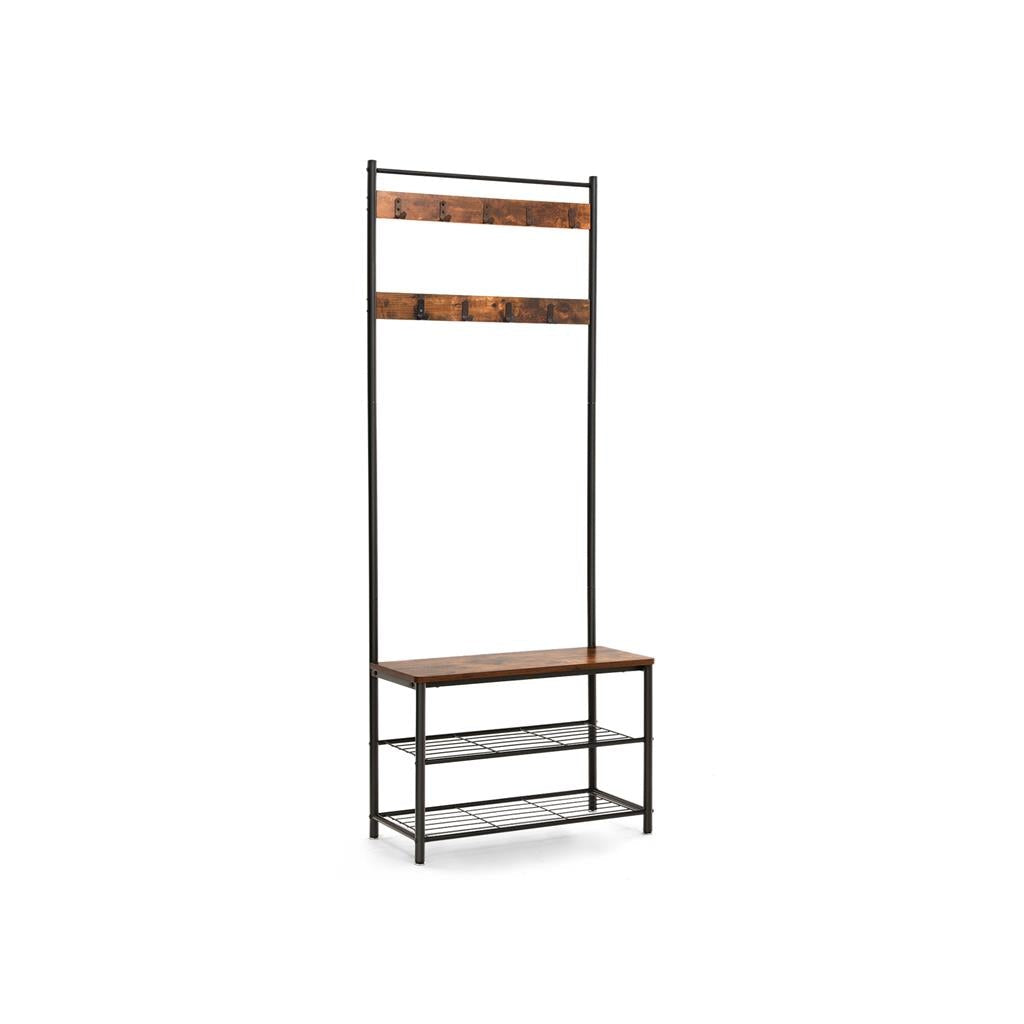 Vasagle Garderobe mit Schuhregal – 10 Haken, Spanplatte, Braun/Schwarz, 70 × 32 × 175 cm