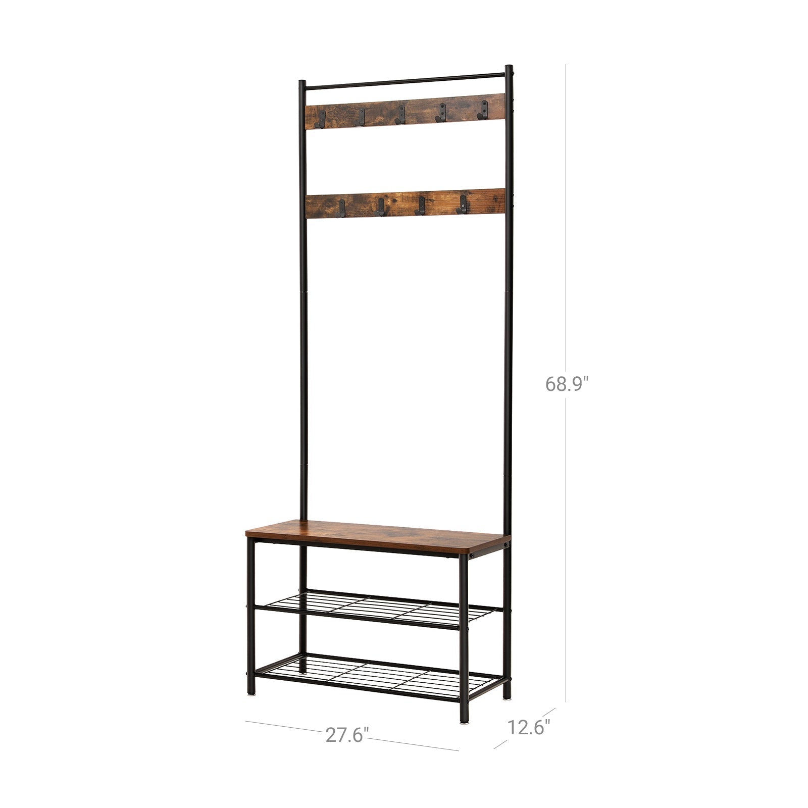 Vasagle Garderobe mit Schuhregal – 10 Haken, Spanplatte, Braun/Schwarz, 70 × 32 × 175 cm
