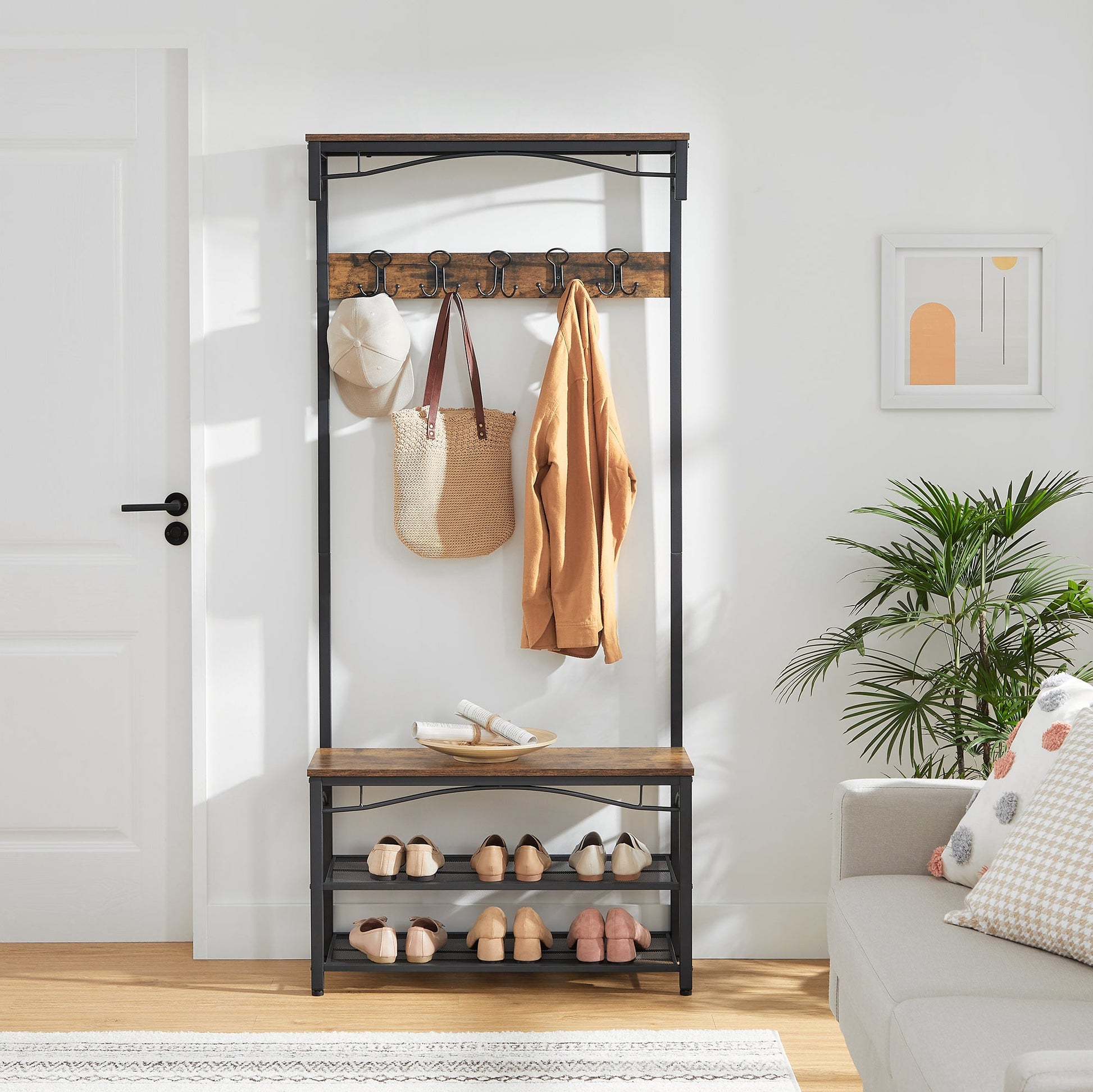 Vasagle Garderobe mit Schuhregal – 10 Haken, Metall/Holz, Schwarz/Braun, 80 × 30 × 178,5 cm