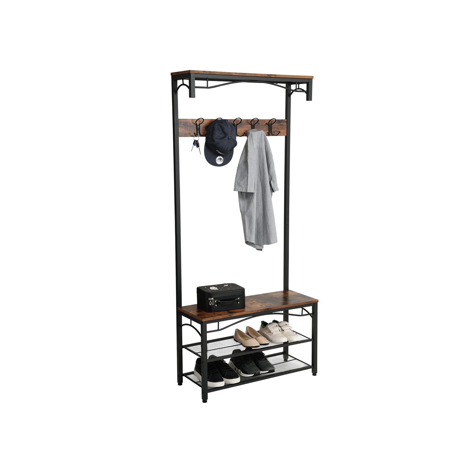 Vasagle Garderobe mit Schuhregal – 10 Haken, Metall/Holz, Schwarz/Braun, 80 × 30 × 178,5 cm