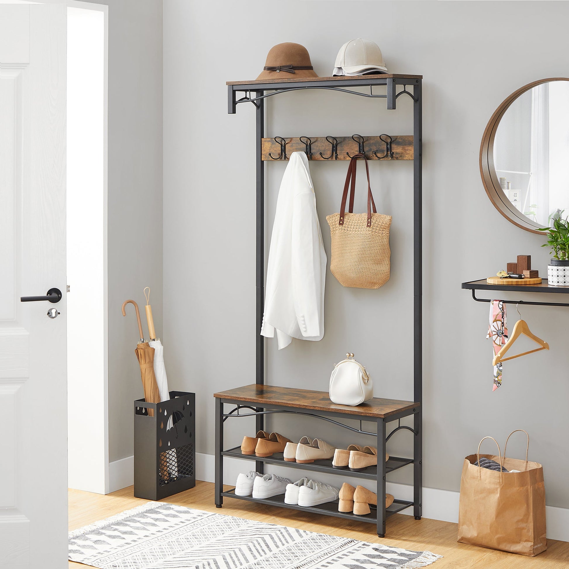 Vasagle Garderobe mit Schuhregal – 10 Haken, Metall/Holz, Schwarz/Braun, 80 × 30 × 178,5 cm