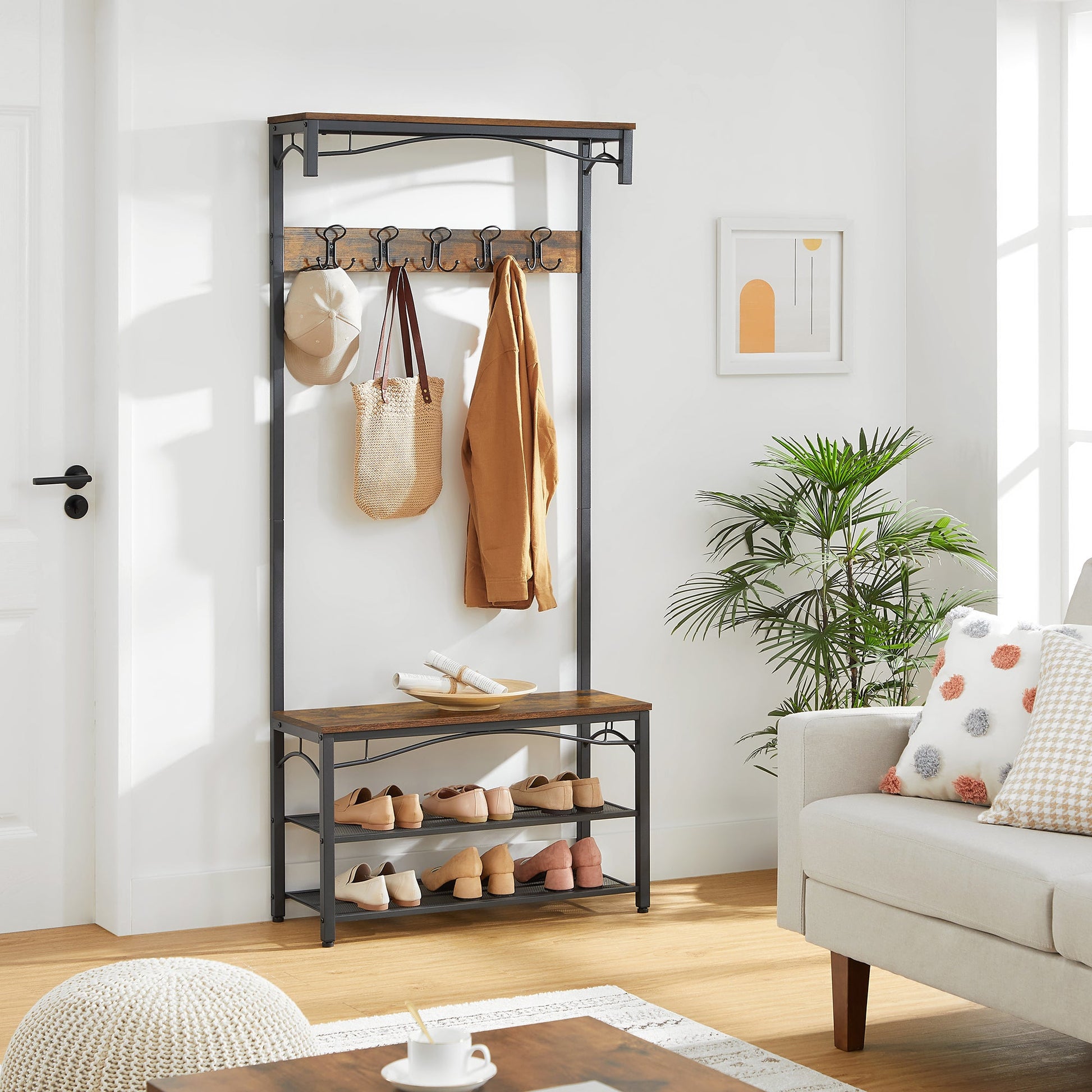 Vasagle Garderobe mit Schuhregal – 10 Haken, Metall/Holz, Schwarz/Braun, 80 × 30 × 178,5 cm