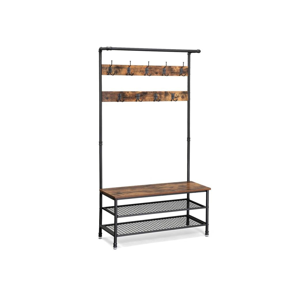 Vasagle Garderobe mit Schuhregal – 9 Haken, Stahl/Spanplatte, Schwarz/Braun, 100 × 41,5 × 182 cm