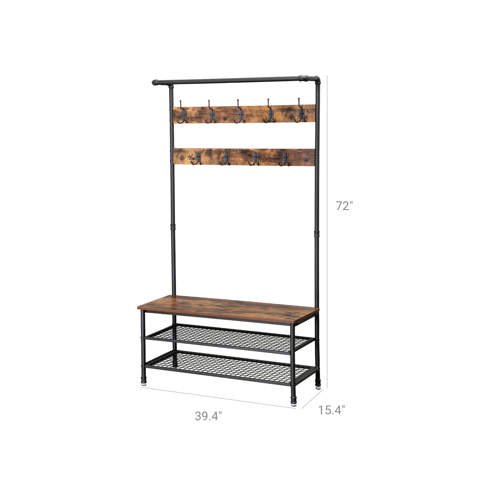 Vasagle Garderobe mit Schuhregal – 9 Haken, Stahl/Spanplatte, Schwarz/Braun, 100 × 41,5 × 182 cm
