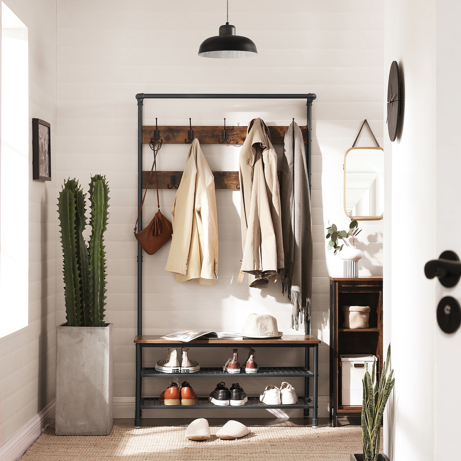 Vasagle Garderobe mit Schuhregal – 9 Haken, Stahl/Spanplatte, Schwarz/Braun, 100 × 41,5 × 182 cm