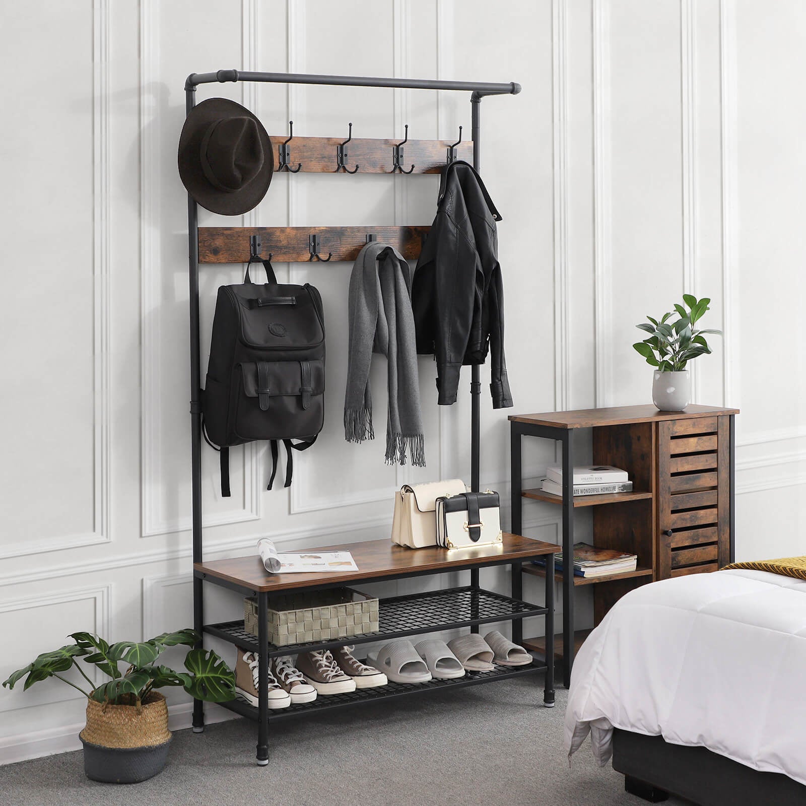 Vasagle Garderobe mit Schuhregal – 9 Haken, Stahl/Spanplatte, Schwarz/Braun, 100 × 41,5 × 182 cm